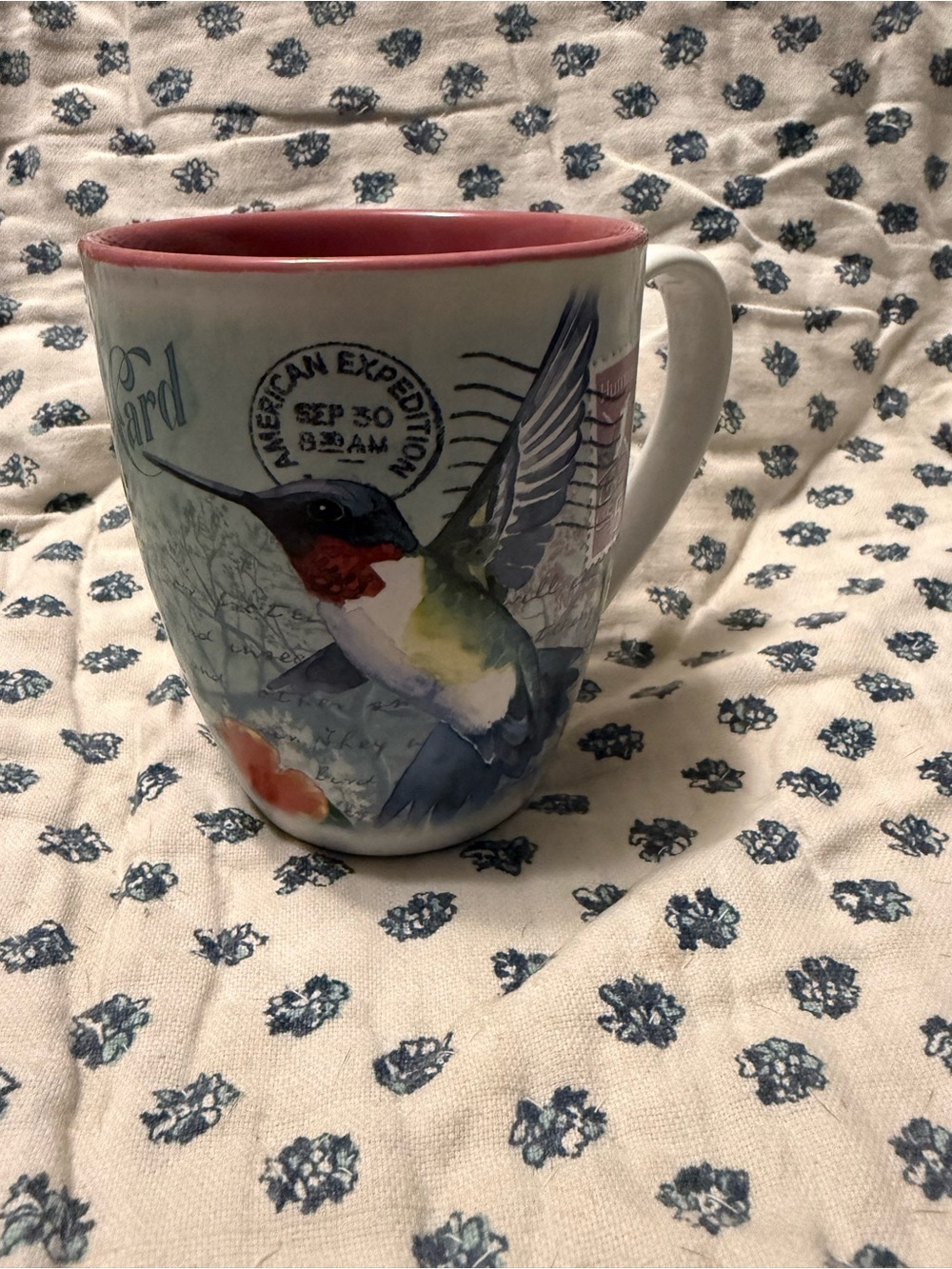 Hummingbird Ceramic Coffee Mug in Light Blue and Pink - Brand Unspecified